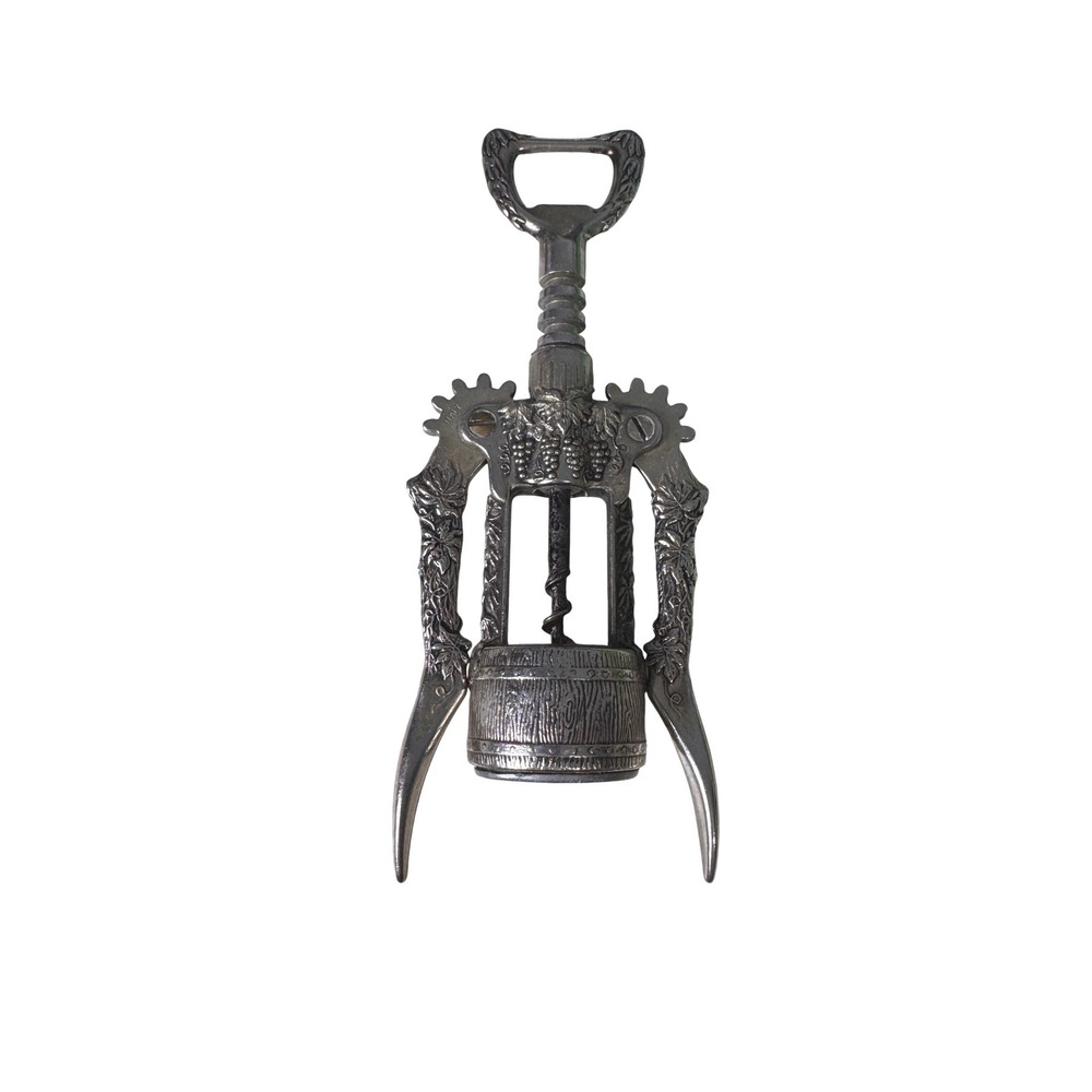 Vintage Italy Winged Corkscrew Ornate Grape Vine Relief Metal Wine Opener Silver